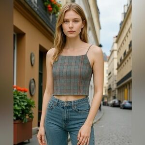 Hollister Crop Grey & Red Plaid Adjustable Cotton Smocked Back Top